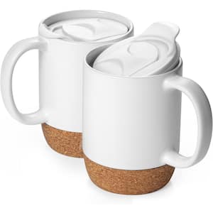 15 oz. Large Ceramic Coffee Mug with Cork Bottom and Spill Proof Lid, Set of 2, White