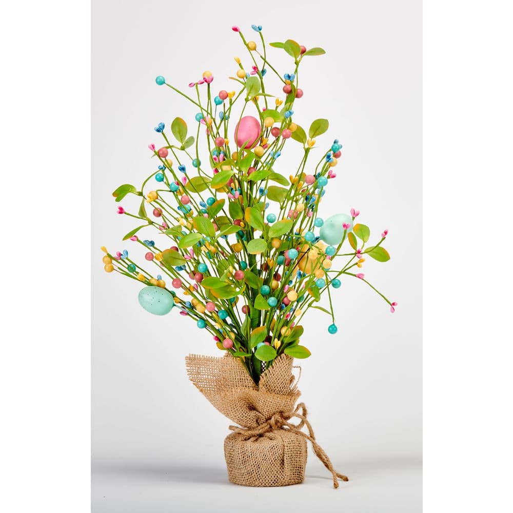 18 in Easter Tabletop Tree with Eggs, Berries and Green Leaves In Burlap Sa