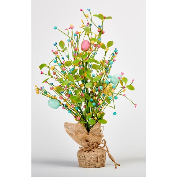 Unbranded 18 in Easter Tabletop Tree with Eggs, Berries and Green Leaves In Burlap Sack Base