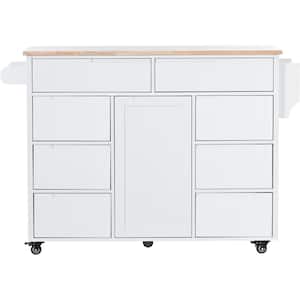 White Rubber Wood 18.50 in. W Kitchen Island Cart with 8 Handle-Free Drawers Including a Flatware Organizer and 5 Wheels