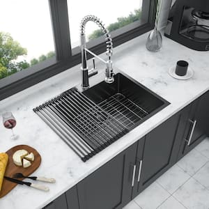 25 in. Drop-In Single Bowl 16 Gauge Gunmetal Black Stainless Steel Kitchen Sink with Bottom Grids