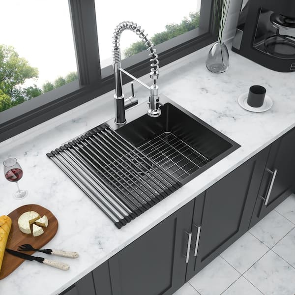 Staykiwi 25 in. Drop-In Single Bowl 16 Gauge Gunmetal Black Stainless Steel Kitchen Sink with Bottom Grids