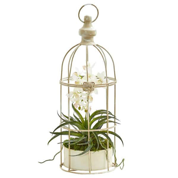 Nearly Natural Indoor Mini Phalaenopsis Orchid Artificial Arrangement in Bird Cage