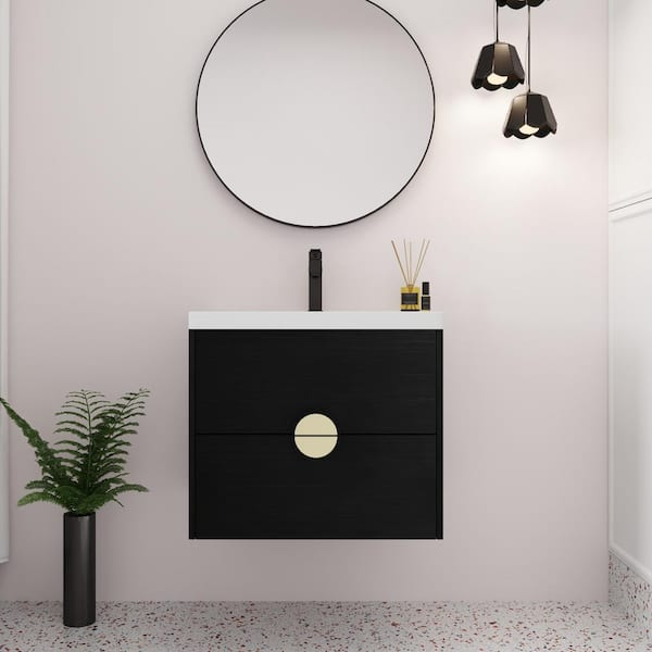 Unbranded 24 in. W x 18 in. D x 21 in. H Wall-Mounted Bathroom Vanity in Black with White Ceramic Sink