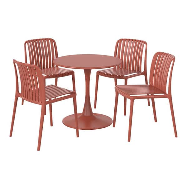 Frond and Form Outdoor Patio Modern 5-Piece Round HDPE Plastic Dining Table Set With Stackable Chairs, Red