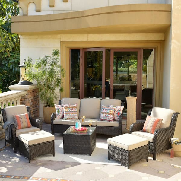 New Kenard Brown 6-Piece Wicker Patio Conversation Set with Beige Cushions