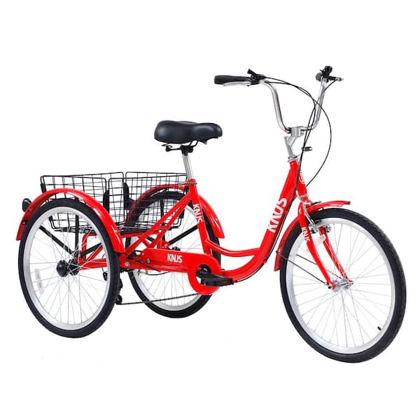 Runesay 24 in. Wheels 7 Speed Cruiser Bicycles Adult Tricycle Trikes3-Wheel Bikes with Large Shopping Basket in Red