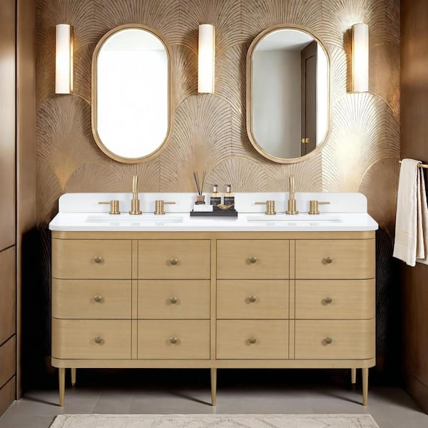 Serena 61 in. Double Sink White Oak Bath Vanity with White Engineered Stone Top