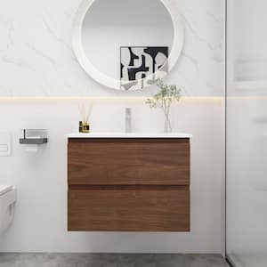 30 in. W x 18 in. D x 20 in. H Single Sink Wall-Mounted Bath Vanity in Brown Oak with White Resin Top