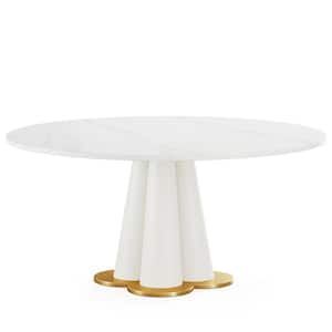 Halseey White Sintered Stone 59 in. Pedestal Steel Base Round Kitchen Dining Table for 8-10 Heavy Duty Four-leaf Clover