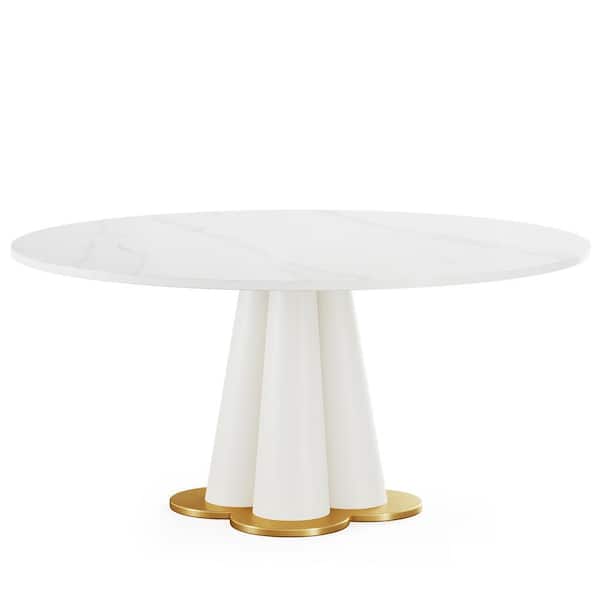 TRIBESIGNS WAY TO ORIGIN Halseey White Sintered Stone 59 in. Pedestal Steel Base Round Kitchen Dining Table for 8-10 Heavy Duty Four-leaf Clover