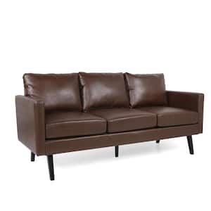 Carey 74 in W Square Arm 3-Seat Midnight Black Faux Leather Straight Sofa Brown