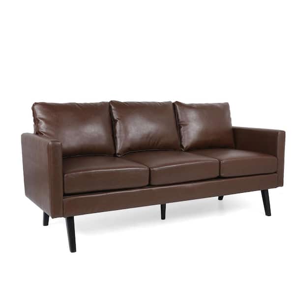 Noble House Carey 74 in W Square Arm 3-Seat Midnight Black Faux Leather Straight Sofa Brown