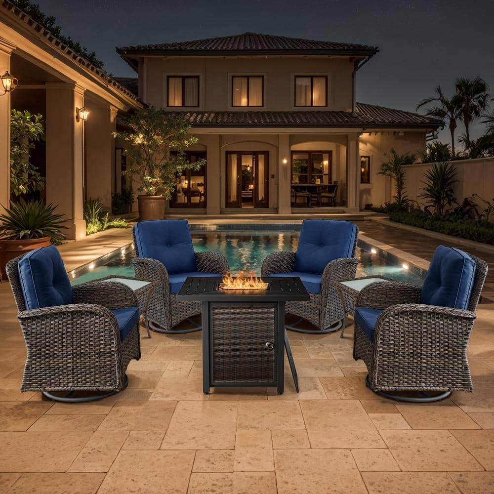 Brown 7-Piece Wicker Patio Fire Pit Set, Outdoor 4-Person Seating Set with Olefin Navy Blue Cushions and Swivel Rockers price history on PriceWatchPro
