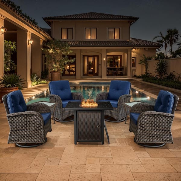 Brown 7-Piece Wicker Patio Fire Pit Set, Outdoor 4-Person Seating Set with Olefin Navy Blue Cushions and Swivel Rockers