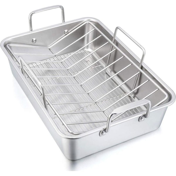16 in. Roasting Pan with Rack, with V-Shaped Rack, Stainless Steel Rectangular Lasagna Pan, Dishwasher Safe, Silver