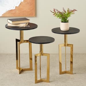 16 in. Gold Geometric Round Metal End Table with Black Marble Tabletops (3-Pieces)