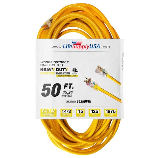LifeSupplyUSA 50 ft. 14-Gauge/3 Conductors SJTW 13 Amp Indoor/Outdoor Extension Cord with Lighted End Yellow (1-Pack)