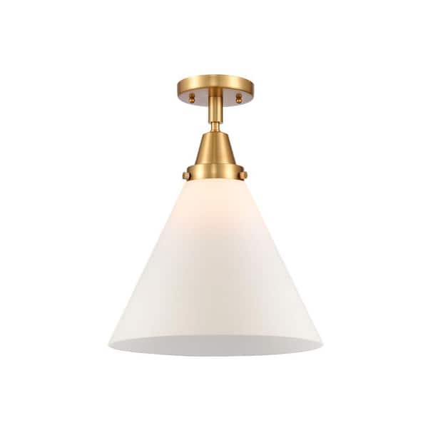 Cone 12 in. 1-Light Satin Gold Industrial Flush Mount with Seeded Glass Shade