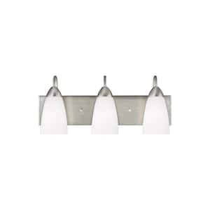 Seville 21 in. 3-Light Brushed Nickel Transitional Modern Wall Bathroom Vanity Light with White Etched Glass Shades