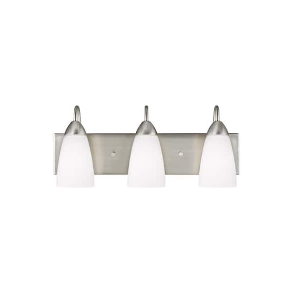 Generation Lighting Seville 21 in. 3-Light Brushed Nickel Transitional Modern Wall Bathroom Vanity Light with White Etched Glass Shades
