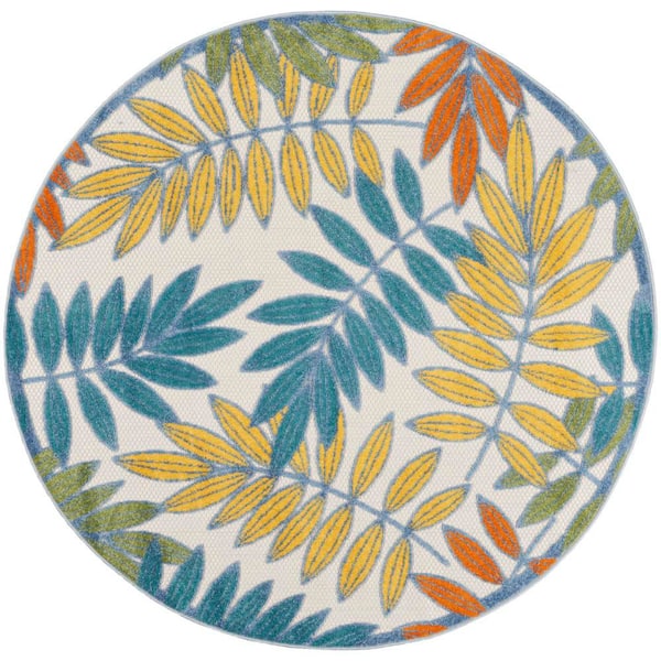 Nourison Aloha Ivory/Multi 5 ft. x 5 ft. Round Floral Contemporary Indoor/Outdoor Patio Area Rug