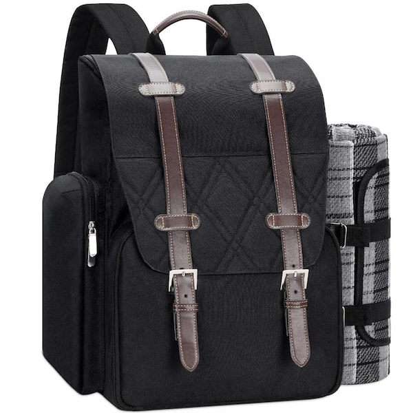 Picnic Backpack for 4 Person with Insulated Cooler Compartment, Waterproof Picnic Blanket, Wine Glasses and Cutlery Set,