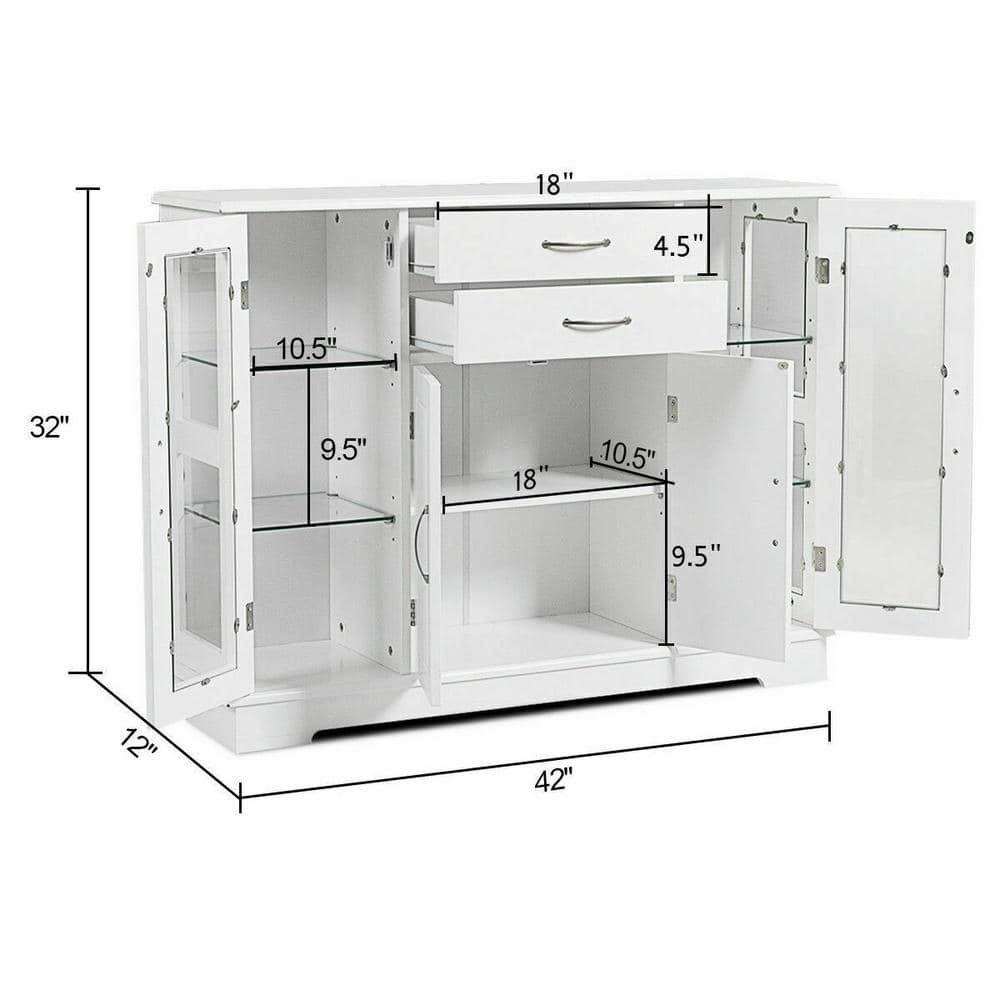 White Buffet Storage Cabinet with Glass Doors and Drawers