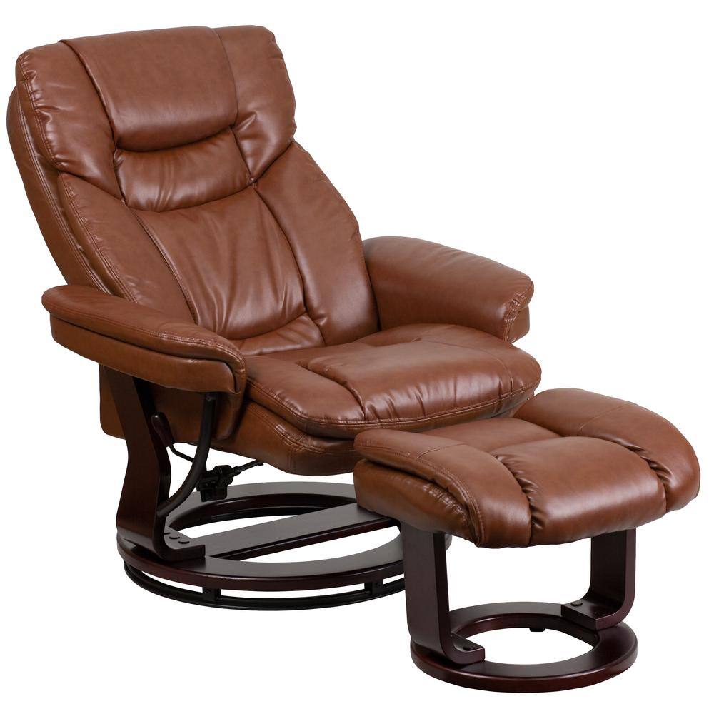 Brown Leather Swivel Recliner with Ottoman and Wood Base