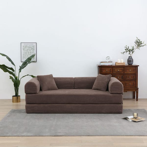 Brown Chenille Round Arm Chaise Lounge, Corduroy King Sofa Bed, Folding Couch or Sofa