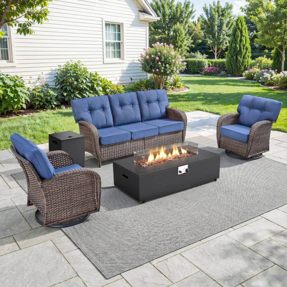 Tidalis 5-Piece Wicker Patio Conversation Set, Swivel Chair with 43 in. Fire Pit Table and Tank Holder Blue Cushions price history on PriceWatchPro