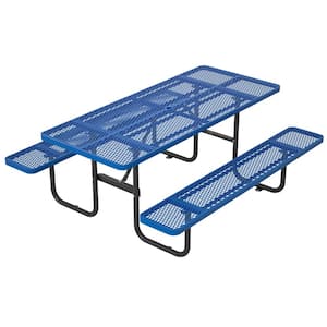72.2 in. Blue Rectangle Outdoor Metal Picnic Table Seats 4-People with Umbrella Hole