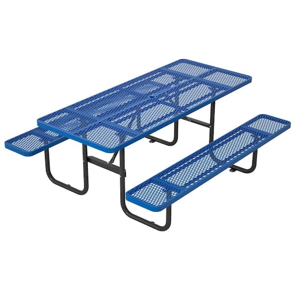Thanaddo 72.2 in. Blue Rectangle Outdoor Metal Picnic Table Seats 4-People with Umbrella Hole