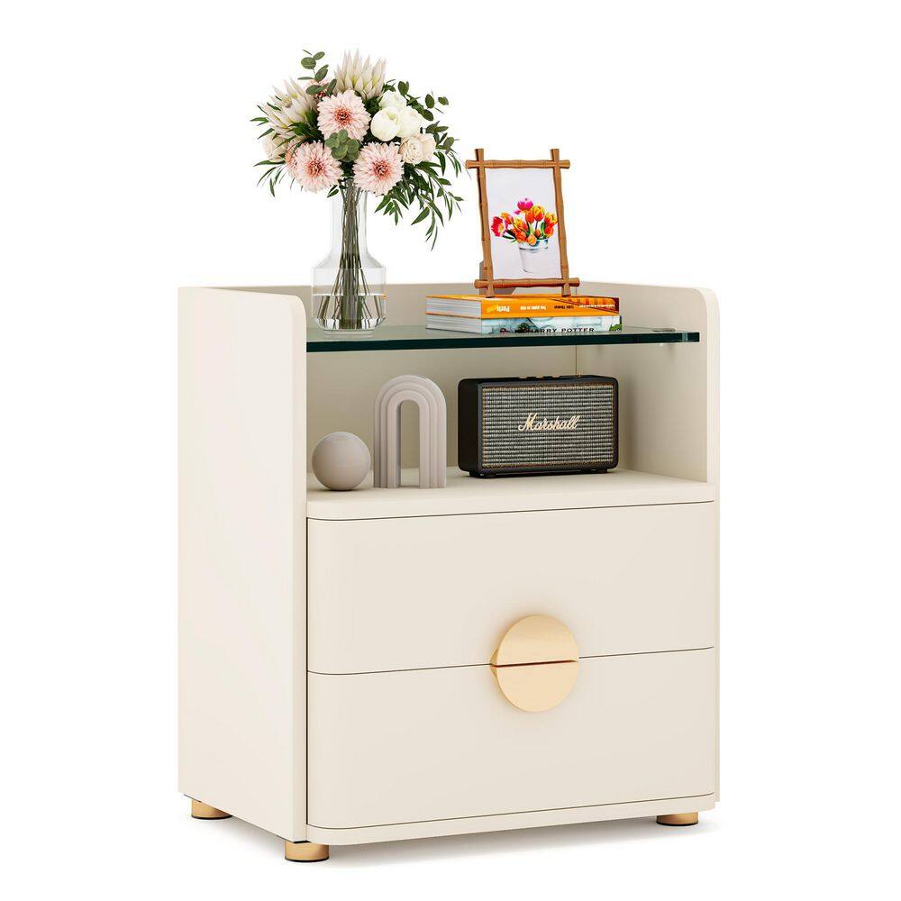 Fenley White 2 Drawers 19.7 in. W Storage Wood Nightstand, Modern Nightstand with Open Storage Shelf