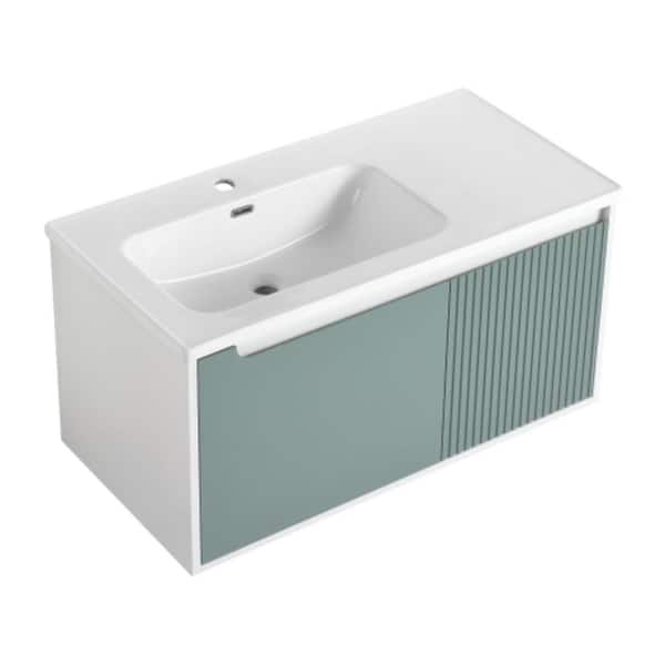 Yunus 35 in. W x 19 in. D x 20 in. H Single-Sink Floating Bath Vanity in Mint Green with White Ceramic Top