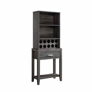 10-Bottle Grey Wood Freestanding Wine Rack with Open Storage Shelf and Drawer