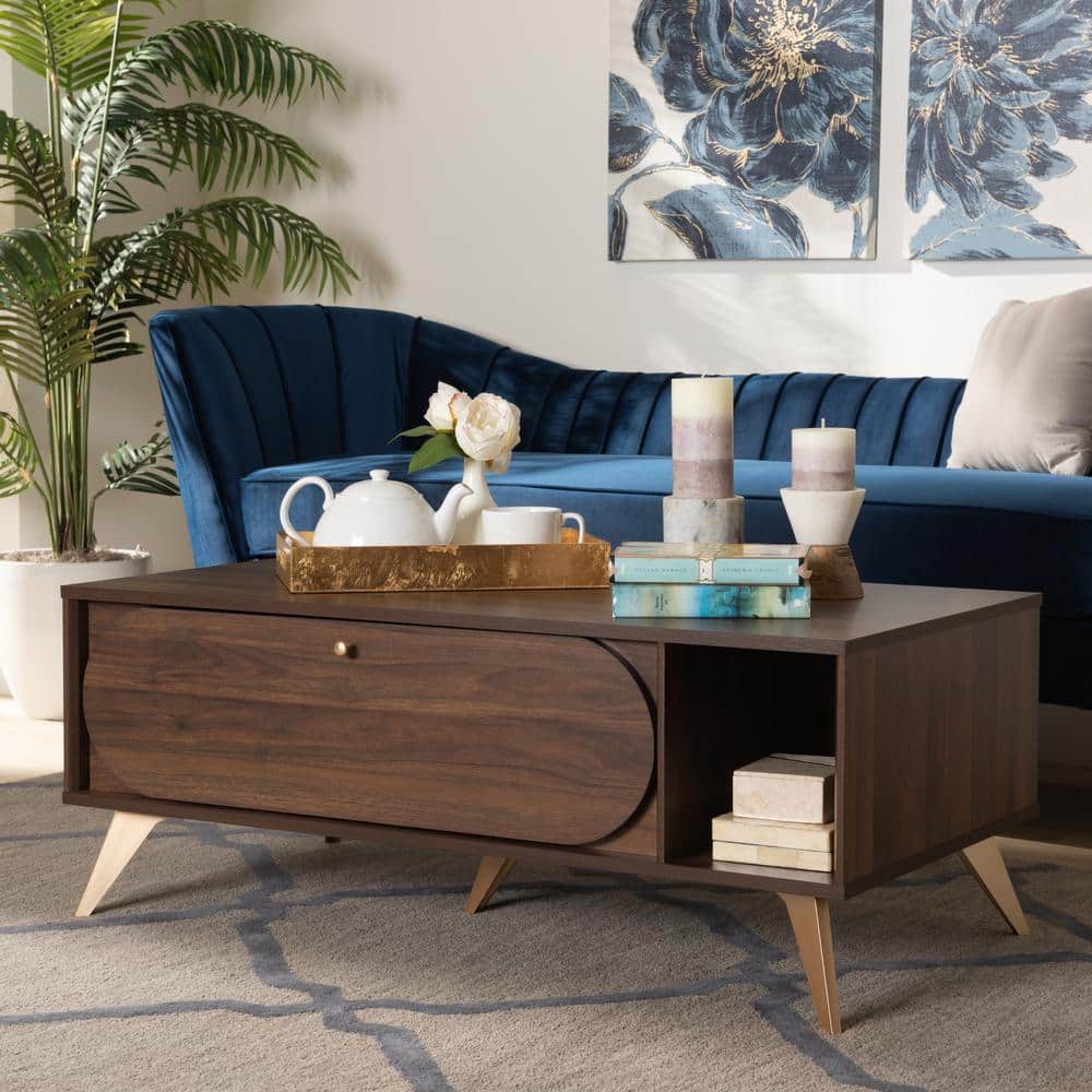 Walnut Brown and Gold Mid-Century Modern Coffee Table with Storage