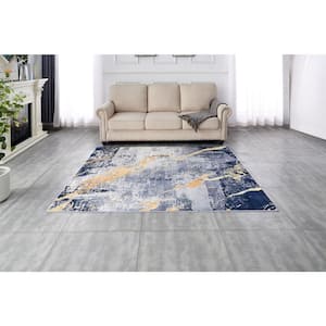 Multi-Colored 5 ft. x 6.6 ft. Abstract Design Blue Gray Yellow Machine Washable Super Soft Area Rug
