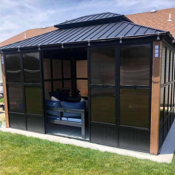 Hardtop Gazebo 12 ft. x 14 ft. Brown Aluminum Sunroom Gazebo with Double Top, Mesh Screens and 24 Lights