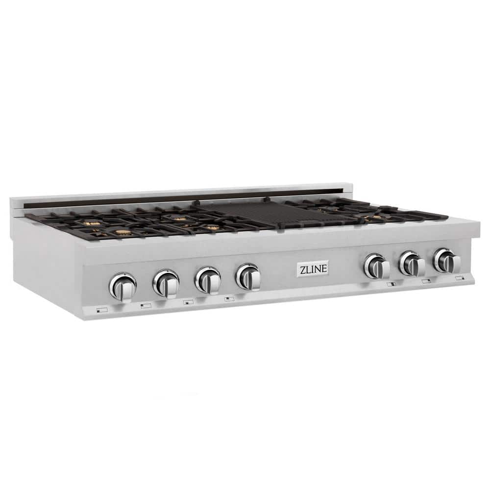 ZLINE Kitchen and Bath 48 in. 7 Burner Front Control Gas Cooktop with Brass Burners in Fingerprint Resistant Stainless Steel with Griddle