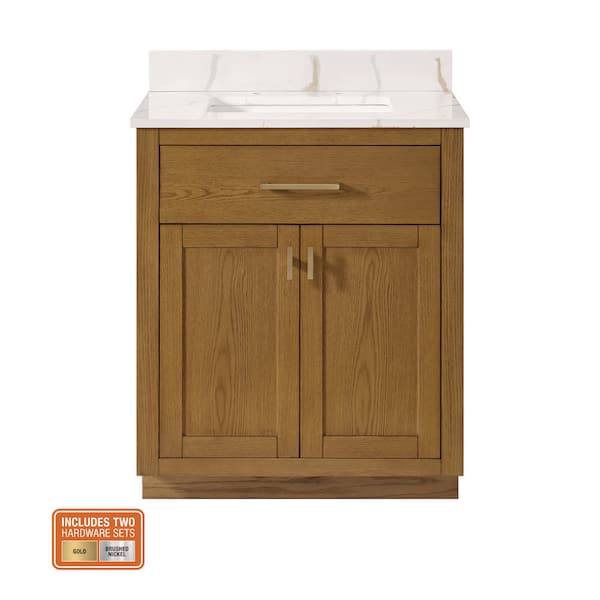 Brockham 30 in. Single Sink Freestanding Bathroom Vanity in Caramel Oak with Calacatta Gold Quartz Top (Assembled)