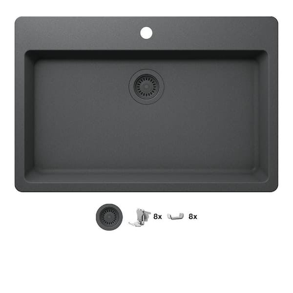 Glacier Bay Stonehaven 33 in. Drop-In Single Bowl Charcoal Gray Granite Composite Kitchen Sink with Charcoal Strainer
