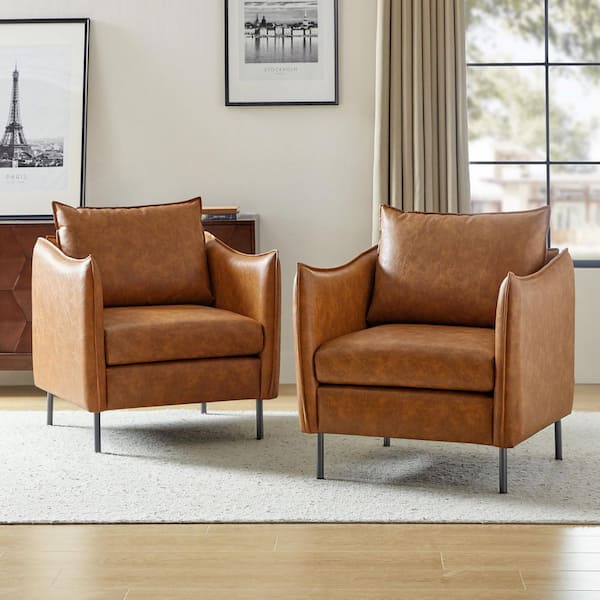 Hajo 30 in. Camel Faux Leather Arm Chair with Metal Legs (Set of 2)
