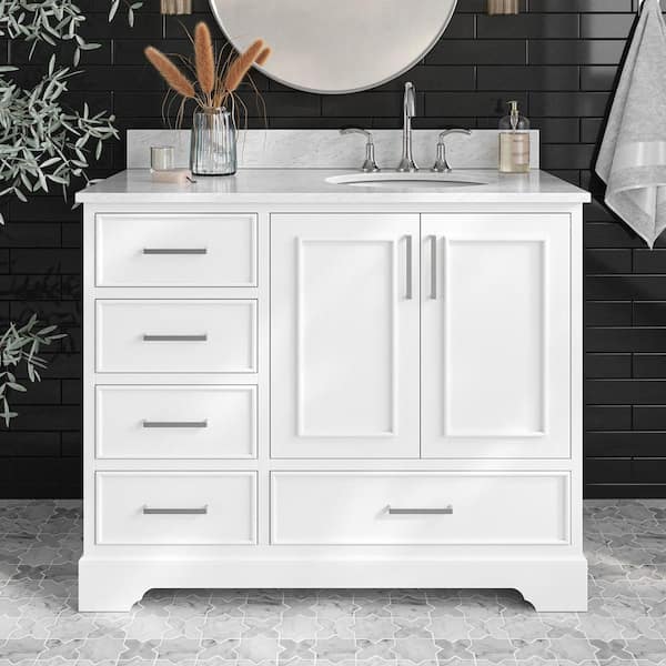 ARIEL Stafford 43 in. W x 22 in. D x 35.25 in. H Right Single Sink Bath Vanity in White with Carrara White Marble Top