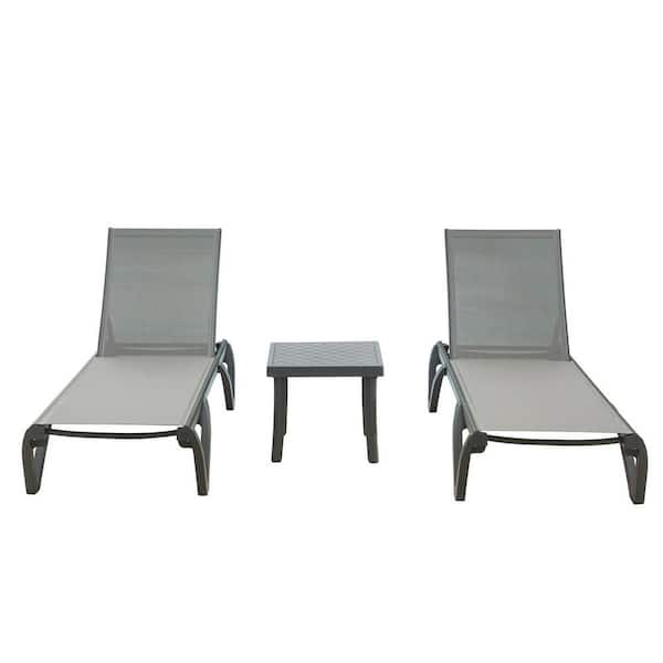 Sudzendf Aluminum Outdoor Patio Chaise Lounge with Adjustable Backrest in Gray (2 Chairs and 1 Table) (Set of 3)