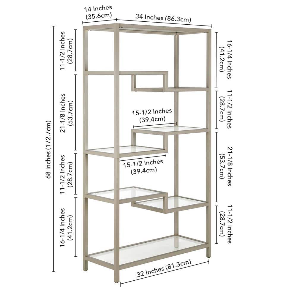 Johann Modern 68" Satin Nickel Metal and Tempered Glass Bookcase