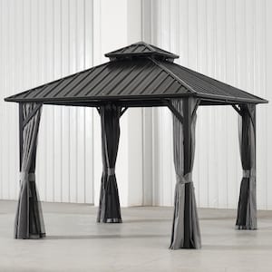 8 ft. x 8 ft. Outdoor Metal Hardtop Gazebo with Aluminum Frame, Double Roof, Netting and Curtain for Patio Backyard