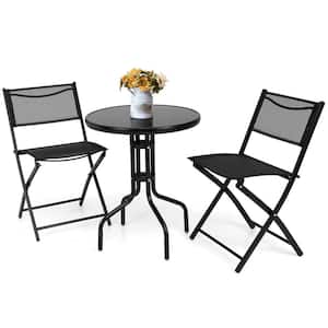 3-Piece Metal Round Outdoor Dining Set Patio Bistro Conversation Set with Black Tempered Glass Tabletop&2 Folding Chairs