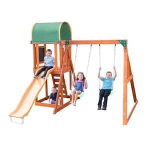 North Star Wooden Swing Set with LED Swings and 6 ft. Slide