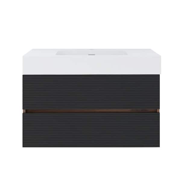 36 in. Wall Mounted Black Brown Bath Vanity with White Solid Surface Top Unassembled